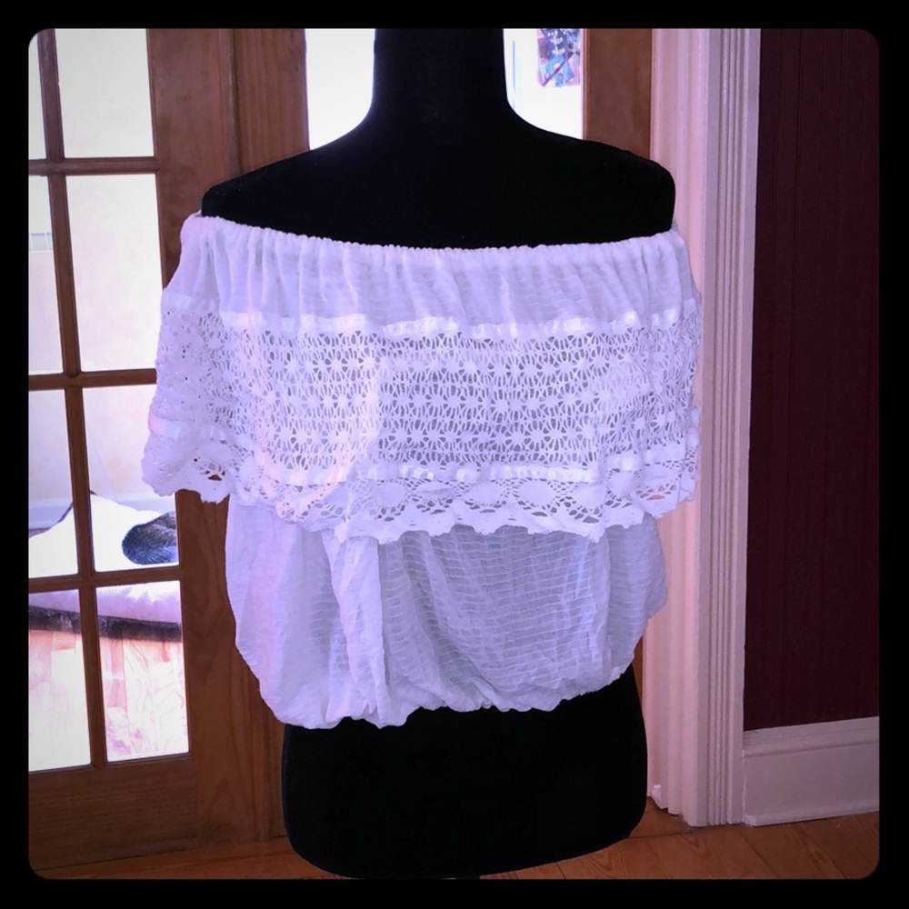 Free people off the shoulder white lace blouse